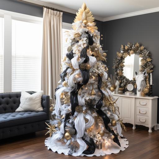 white christmas tree with black gold and silver unicorn ornaments on it