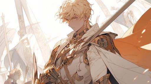 a mediaval warrior with blonde hair, a light golden armor and a weapon which is a mix between a bow and a spear, --niji 5 --ar 16:9 --s 150