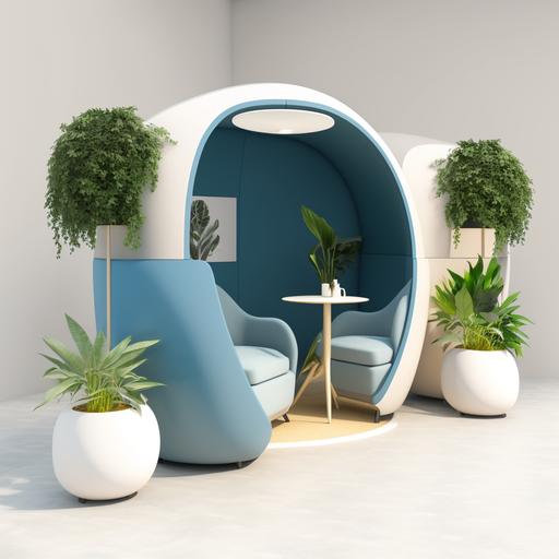 photo realistic, modern workplace wellbeing pop-up station, located in office building lobby, inflatable igloo meeting room, casual seating, simple plants, tables, chairs, guided mediation corner