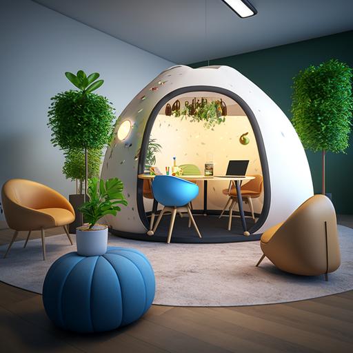 photo realistic, modern workplace wellbeing pop-up station, located in office building lobby, inflatable igloo meeting room, casual seating, simple plants, tables, chairs, guided mediation corner