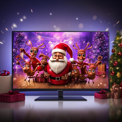 Create a delightful and festive Christmas advertisement that features a cartoon ant character dressed as Santa Claus, accompanied by a group of ants dressed as Santa's elves, joyfully emerging from a TV screen. The background should be adorned with various shades of purple to create an enchanting and festive atmosphere. Capture the magic of the holiday season and the wonder of Christmas celebrations. The ants' arrival should convey a sense of warmth, togetherness, and shared joy. Avoid the use of specific logos while ensuring the ad resonates with the charm and enchantment associated with Christmas advertising. The final artwork should be visually appealing and emotionally evocative, inviting viewers to embrace the holiday spirit