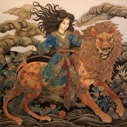 12th century chinese masterpiece, a young woman hunting a lion on the southern atoll, the most exquisite unique pigments. A soothing combination of colors and exquisite fine intricate detail. perfect condition. Symbols of love and bravery. --s 50