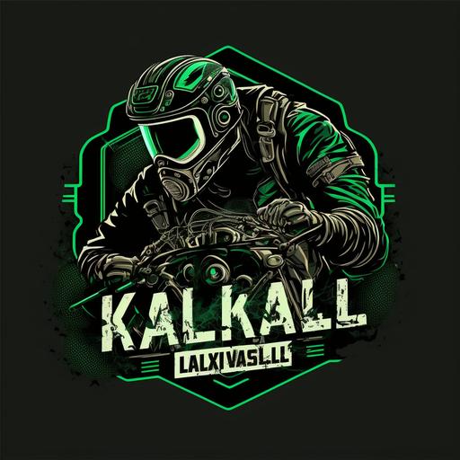 a biker logo with helmet logo in white and green with a black backgroun ,kawasaki, logo, khalil biker, name KHALIL BIKER