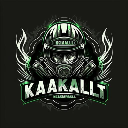 a biker logo with helmet logo in white and green with a black backgroun ,kawasaki, logo, khalil biker, name KHALIL BIKER