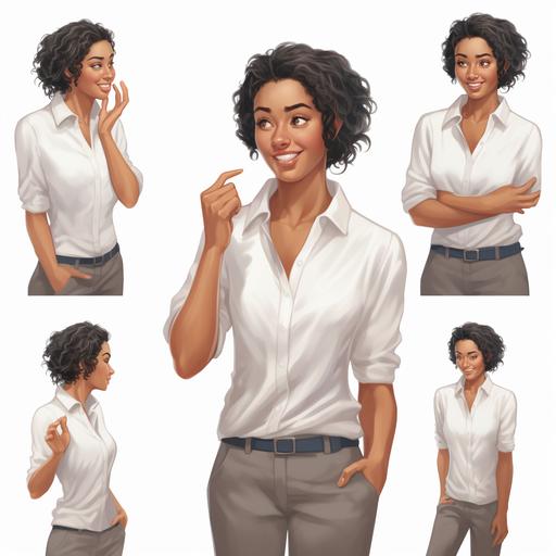 illustration; realistic; woman; mid 30s; racially ambiguous; no background; PNG artifact; from the portrait pose; waist up, image height 480px; 11 different feelings and expressions: happy, talking happily, sad, angry, explaining, gesturing and talking, smiling, welcoming smile, disappointed, oh well face; a white shirt, nicely fitted, not tight; polished appearance; friendly