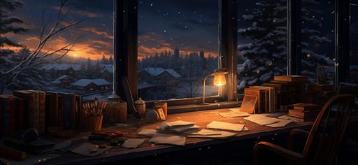 in bookcase a desk with books and framed view, in the style of darkly romantic illustrations, snow scenes, anime aesthetic, animated gifs, eerily realistic, windows vista, dark cyan and amber --ar 128:59 --s 250