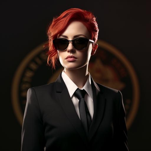 Dark Academia female FBI special agent, with red hair tied back, and wearing sunglasses; she is dressed professionally in a black suit and white blouse; she is showing her FBI badge and credentials to the viewer