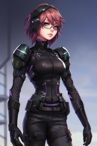 My Hero Academia anime art style, high school student, female, with short red hair, green eyes, and glasses; she is wearing a single piece, futuristic, armored body suit, boots, and visor, all black with purple accents; it covers her entire body, reinforced at the wrists, elbows, knees, and ankles; full body