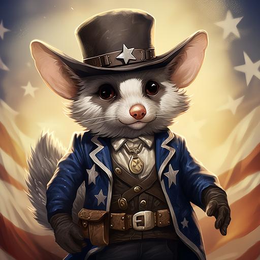 anthropomorphic cartoon style possum, blue eyes, wearing an American Old West style sheriff's outfit, he's wearing oversized boots and sheriff's star badge