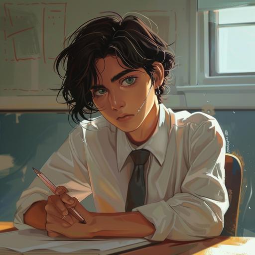 fantasy, anime art style; school boy, 14 years old, at his desk in class, he has a pencil in hand, but doesn't seem to be taking notes; he has ashen pale skin, black hair, and spruce green eyes; exaggerated features; wearing a white button up shirt, grey tie, and a small silver earring in one ear; his hair is shoulder length and somewhat messy; he seems bored with the lesson; bold colors, whimsical, highly detailed