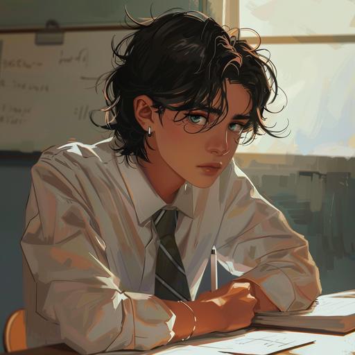 fantasy, anime art style; school boy, 14 years old, at his desk in class, he has a pencil in hand, but doesn't seem to be taking notes; he has ashen pale skin, black hair, and spruce green eyes; exaggerated features; wearing a white button up shirt, grey tie, and a small silver earring in one ear; his hair is shoulder length and somewhat messy; he seems bored with the lesson; bold colors, whimsical, highly detailed
