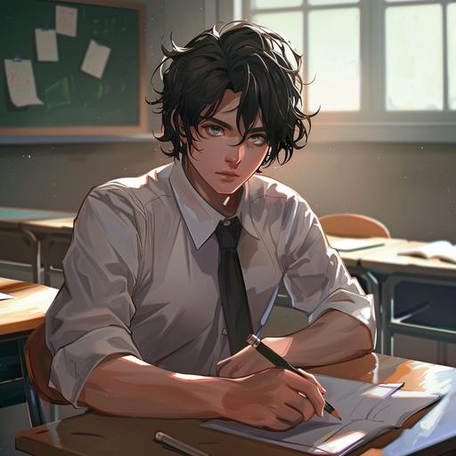 fantasy, anime art style; school boy, 14 years old, at his desk in class, he has a pencil in hand, but doesn't seem to be taking notes; he has ashen pale skin, black hair, and spruce green eyes; exaggerated features; wearing a white button up shirt, grey tie, and a small silver earring in one ear; his hair is shoulder length and somewhat messy; he seems bored with the lesson; bold colors, whimsical, highly detailed --v 6.0