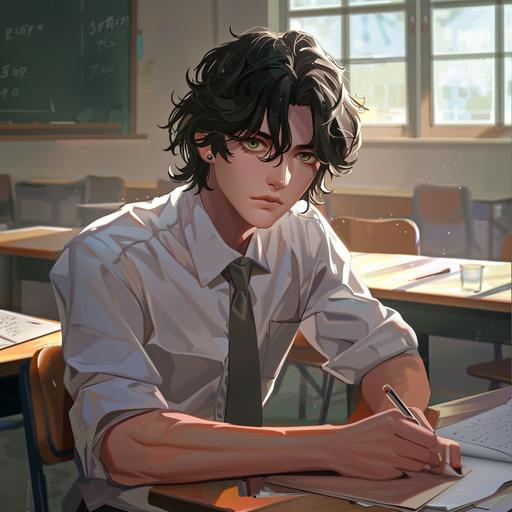 fantasy, anime art style; school boy, 14 years old, at his desk in class, he has a pencil in hand, but doesn't seem to be taking notes; he has ashen pale skin, black hair, and spruce green eyes; exaggerated features; wearing a white button up shirt, grey tie, and a small silver earring in one ear; his hair is shoulder length and somewhat messy; he seems bored with the lesson; bold colors, whimsical, highly detailed --v 6.0