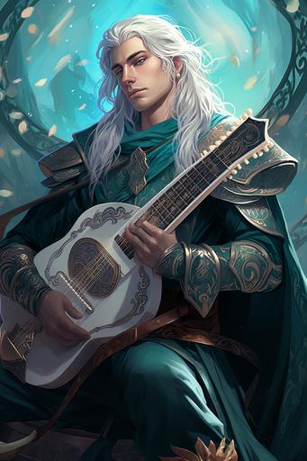 fantasy video game, DnD style illustration art, high elf male with blue eyes, long, straight, silver-white hair, freckles, and celtic style tattoos on his face in silver ink; he is wearing a teal, nobleman's outfit, and playing a lyre