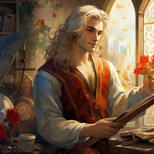 illustration style, medieval fantasy motifs; young male painter, teenager, standing and painting at an easel in a well decorated room; he has shoulder-length white hair, pale skin, and blue eyes; his clothes are red and gold, he is vibrant, expressive and smiling as he holds his paints and brushes; his painting is of a female figure with dark hair on the canvas