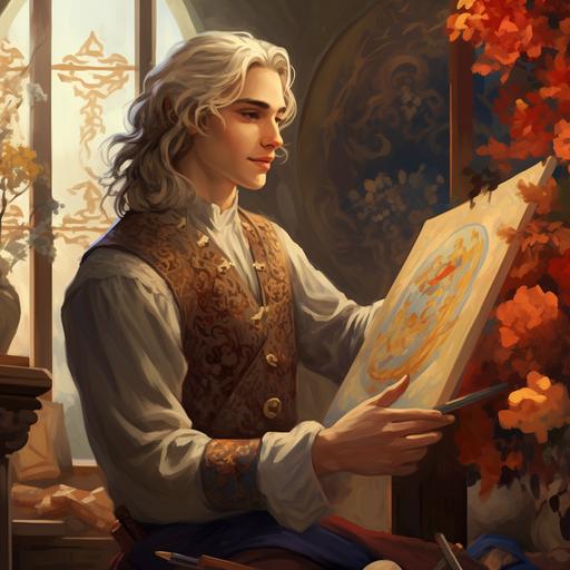 illustration style, medieval fantasy motifs; young male painter, teenager, standing and painting at an easel in a well decorated room; he has shoulder-length white hair, pale skin, and blue eyes; his clothes are red and gold, he is vibrant, expressive and smiling as he holds his paints and brushes; his painting is of a female figure with dark hair on the canvas