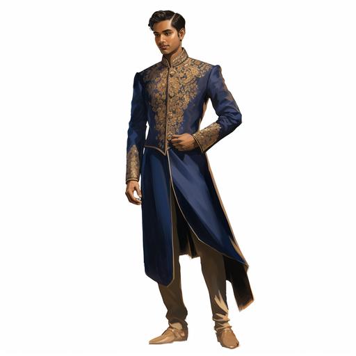 illustration style, young Indian man; he has dark tan skin, amber brown eyes, and black hair in a neat, side part style; his features are elongated and handsome; he is wearing a cobalt blue sherwani with gold buttons, and trim; black trousers and shoes; he is standing tall and regal, looking at and reaching toward the viewer, offering his hand; plain background; full body view
