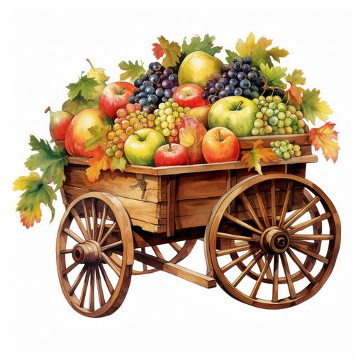 watercolor style, Clipart of an old style wagon full of various fall vegetables and apples, grapes, pears, or other seasonal fruits, adding a touch of freshness and abundance to Thanksgiving designs. clipart, isolated on white background