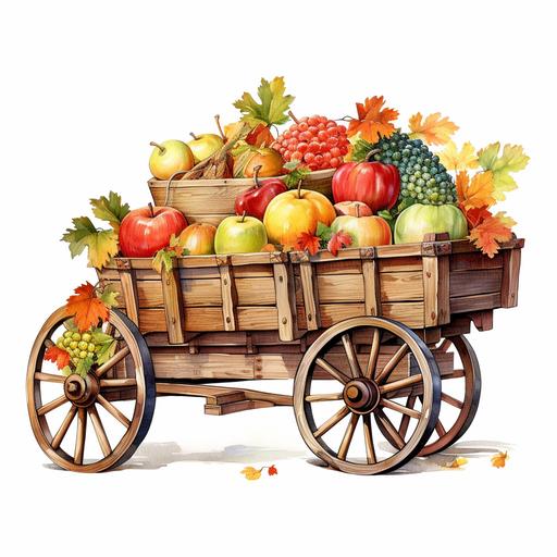 watercolor style, Clipart of an old style wagon full of various fall vegetables and apples, grapes, pears, or other seasonal fruits, adding a touch of freshness and abundance to Thanksgiving designs. clipart, isolated on white background