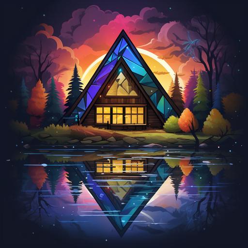 a 2D simple layer art logo with an A frame house, nearby trees and river. Colorfull lights coming out of the house