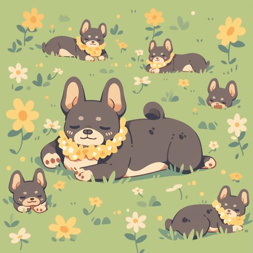 [134f30d13] Cute black French bulldog on green grass, simple graphic features, stout cute limbs, high saturation color, Korean illustrations, bold line style, mixed pattern --niji 5 --ar 1:1 --c 0 --s 750