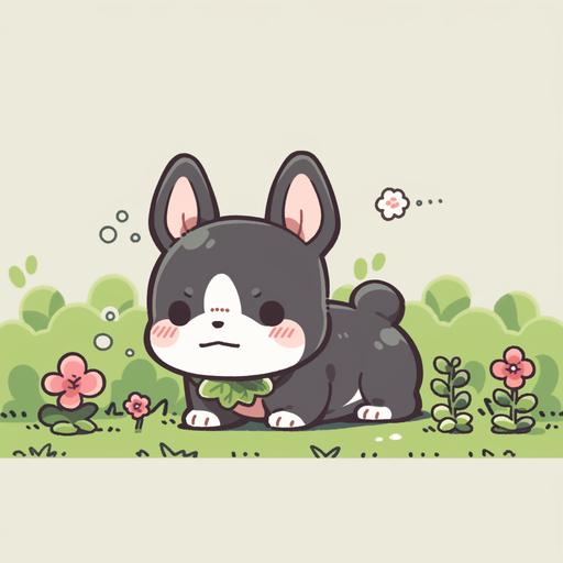 [134f30d13] Cute black French bulldog on green grass, simple graphic features, stout cute limbs, high saturation color, Korean illustrations, bold line style, mixed pattern --niji 5 --ar 1:1 --c 0 --s 750