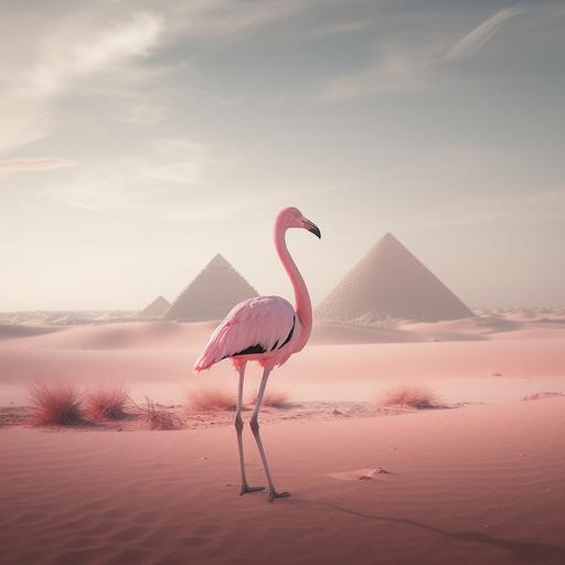 captivating scene unfolds before the viewer, a disney-like cartoon baby pink flamingo is in egypt in front of the pyramids. use the rule of thirds. use this image as inspiration