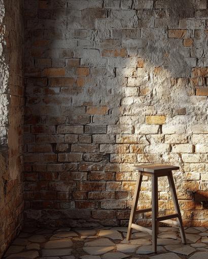 A corner of a wall decorated with old bricks, a stool in the corner, Photorealistic.8k --v 6.0 --ar 8:10