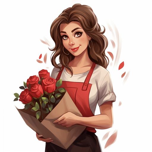 Cartoon style, female florist, brown hair, red apron, bouquet of roses in her hands, bouquet wrapped in kraft packaging decorated with hearts