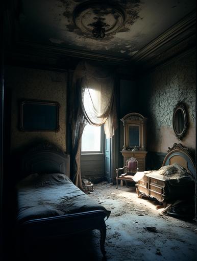 35mm expired film photography, abandoned gothic victorian manison bedroom, moody, lighting is dim --ar 3:4 --v 5 --s 250