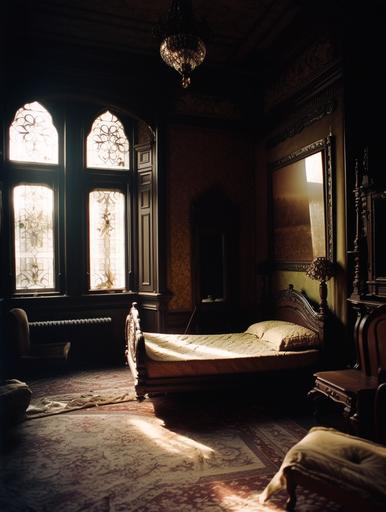 35mm expired film photography, abandoned gothic victorian manison bedroom, moody, lighting is dim --ar 3:4 --v 5 --s 250