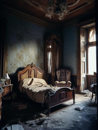 35mm expired film photography, abandoned victorian manison bedroom, moody, lighting is dim --ar 3:4 --v 5 --s 250