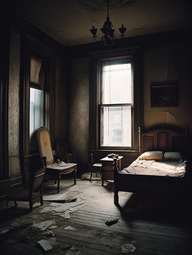 35mm expired film photography, abandoned victorian manison bedroom, moody, lighting is dim --ar 3:4 --v 5 --s 250