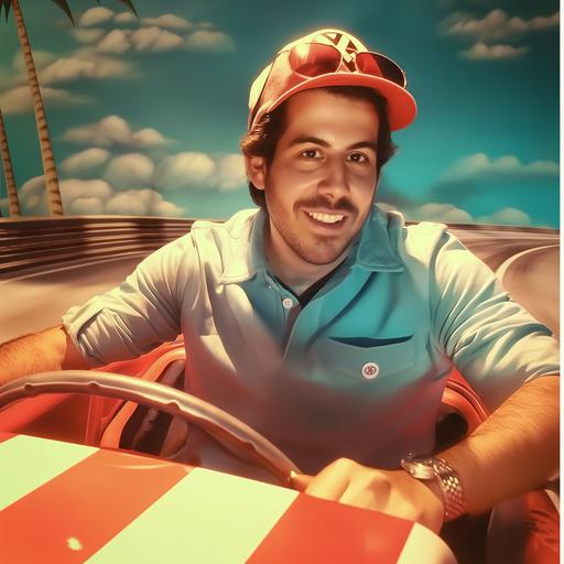 wears mario character outfit, riding vw convertible as in mario kart game, racetrack background --v 6.0