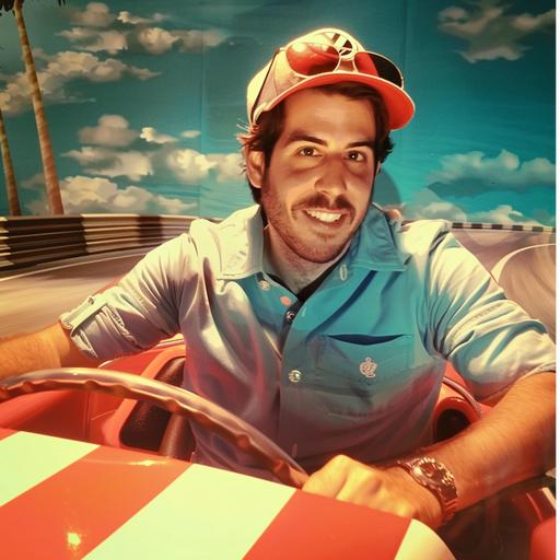 wears mario character outfit, riding vw convertible as in mario kart game, racetrack background