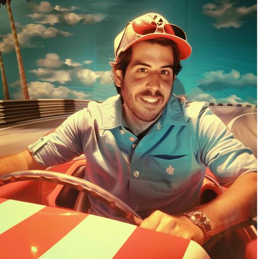 wears mario character outfit, riding vw convertible as in mario kart game, racetrack background --v 6.0