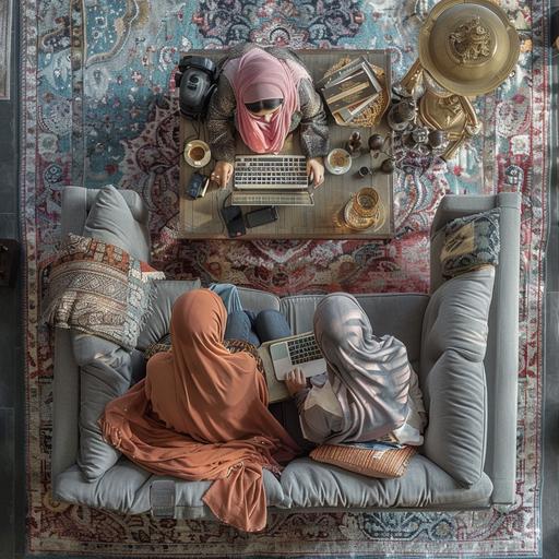 3 Arab females wear head scarf while study online together ,setting on a sofa in gray, pink and golden attic style room sized 4m*5m, top view ,day light