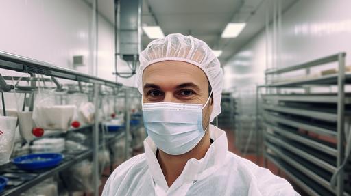 Amateur shot of middle-aged employee, white protective net on head, white transparent face mask, white smock and t-shirt, hygienic, in front of hanging small sausages in rows, industrial production of small sausages, looking friendly into the camera. Camera iPhone 11 --ar 16:9
