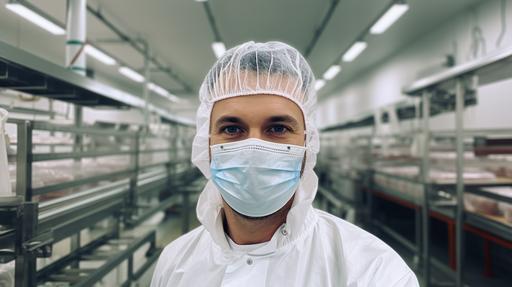 Amateur shot of middle-aged employee, white protective net on head, white transparent face mask, white smock and t-shirt, hygienic, in front of hanging small sausages in rows, industrial production of small sausages, looking friendly into the camera. Camera iPhone 11 --ar 16:9