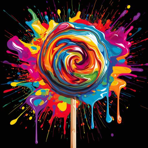 Craft an eye-catching image featuring an artist's paintbrush as the central element. On one end, depict the bristles of the paintbrush with vibrant, grunge-style colors dripping and blending, creating a psychedelic graffiti effect. On the opposite end of the paintbrush, seamlessly incorporate a candy lollipop. The lollipop should share the same vivid and contrasting colors as the paintbrush, forging a cohesive visual narrative. Emphasize the juxtaposition of the artistic and the sweet, capturing the essence of creativity and playfulness in a single, dynamic composition. The overall design should radiate energy and evoke a sense of whimsical nostalgia