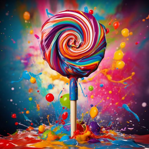Craft an eye-catching image featuring an artist's paintbrush as the central element. On one end, depict the bristles of the paintbrush with vibrant, grunge-style colors dripping and blending, creating a psychedelic graffiti effect. On the opposite end of the paintbrush, seamlessly incorporate a candy lollipop. The lollipop should share the same vivid and contrasting colors as the paintbrush, forging a cohesive visual narrative. Emphasize the juxtaposition of the artistic and the sweet, capturing the essence of creativity and playfulness in a single, dynamic composition. The overall design should radiate energy and evoke a sense of whimsical nostalgia