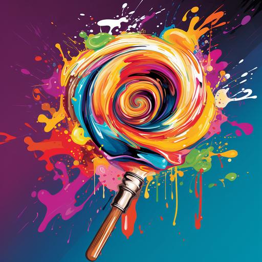 Merge an eye-catching image of an artist's paintbrush as the central element. On one end, depict the bristles of the paintbrush with vibrant, grunge-style colors dripping and blending, creating a psychedelic graffiti effect. On the opposite end of the paintbrush, seamlessly merge and incorporate a candy lollipop with the artist's paintbrush. The lollipop should share the same vivid and contrasting colors as the paintbrush, forging a cohesive visual narrative. Emphasize the juxtaposition of the artistic and the sweet, capturing the essence of creativity and playfulness in a single, dynamic composition. The overall design should radiate energy and evoke a sense of whimsical nostalgia, Creating a new graphic called Ink Sugar