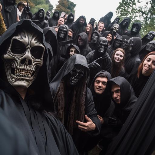 a selfie style photo taken by a Grim Reaper - in the foreground happy, smiling Grim Reaper with a skull-like head, in a black robe with a hood. In the background - a burial ceremony in a cemetery attended by a catholic priest and a group of people in contemorary clothes. The priest and the people are focused on the burial not on the Grim Reaper who's taking the selfie - the coffin is being lowered into the freshly dig grave . A selfie style, photorealistic, lots of extremely fine detail in the photo.