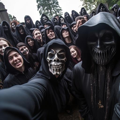 a selfie style photo taken by a Grim Reaper - in the foreground happy, smiling Grim Reaper with a skull-like head, in a black robe with a hood. In the background - a burial ceremony in a cemetery attended by a catholic priest and a group of people in contemorary clothes. The priest and the people are focused on the burial not on the Grim Reaper who's taking the selfie - the coffin is being lowered into the freshly dig grave . A selfie style, photorealistic, lots of extremely fine detail in the photo.