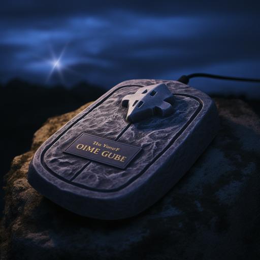 close up of a tombstone in the shape of computer mouse during a dark night, with a computer cable coming out of it. the tomstone says GUI on it