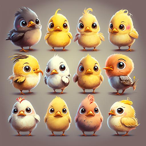 15 different baby chicken character, cartoon stlyed