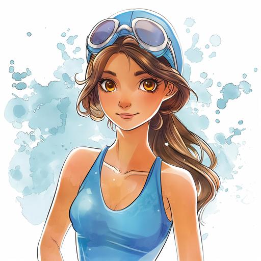 15 year old girl, swim team suit, brown hair, brown eyes, swim cap, white background, watercolors, cartoon style, near a swimming pool --v 6.0