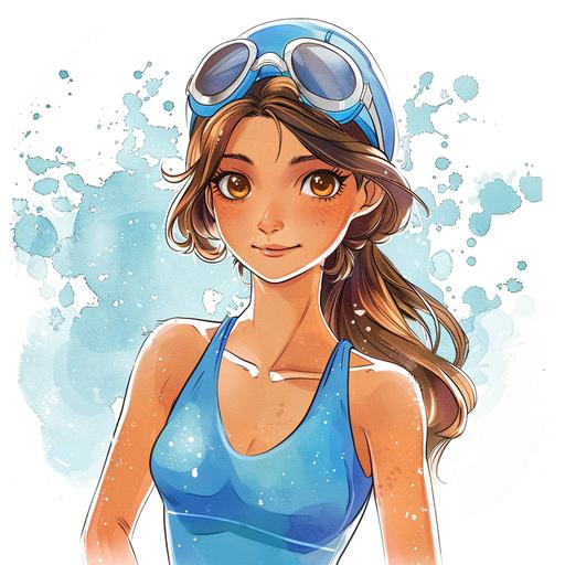15 year old girl, swim team suit, brown hair, brown eyes, swim cap, white background, watercolors, cartoon style, near a swimming pool