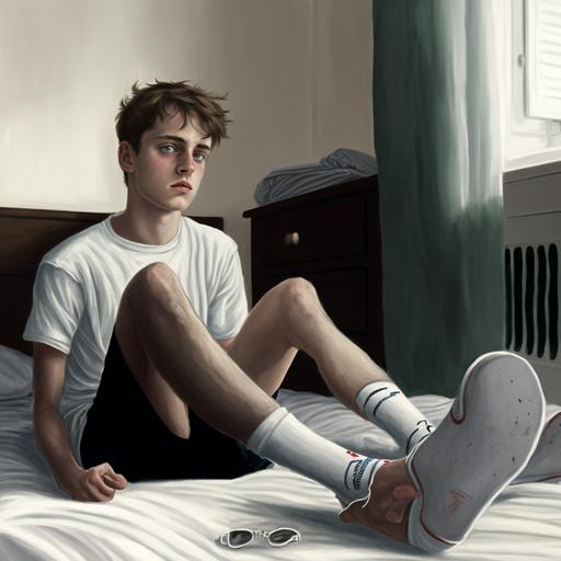teenage, 15 years old, show feet, man, white socks, Lying in bed, Erlang legs, take off shoes
