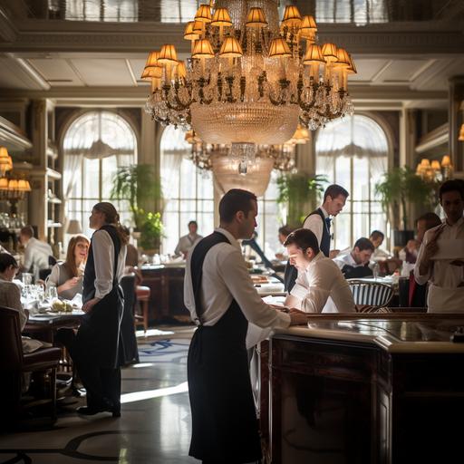 The Challenge Before Slang Scene Setting: A bright and busy full-service restaurant during peak lunchtime. Large chandeliers diffuse soft light onto the bustling dining area. Waitstaff navigate skillfully among tables, attending to guests. Main Focus: Front and center, a young hostess at a marble-topped stand juggles a tablet, greeting guests, and a continuously ringing classic telephone. Guest's Perspective: In the midst of awaiting patrons, a sophisticated woman tries calling the restaurant, a hint of exasperation on her face as she hears the engaged tone, while looking toward the incessantly ringing phone on the hostess's stand.